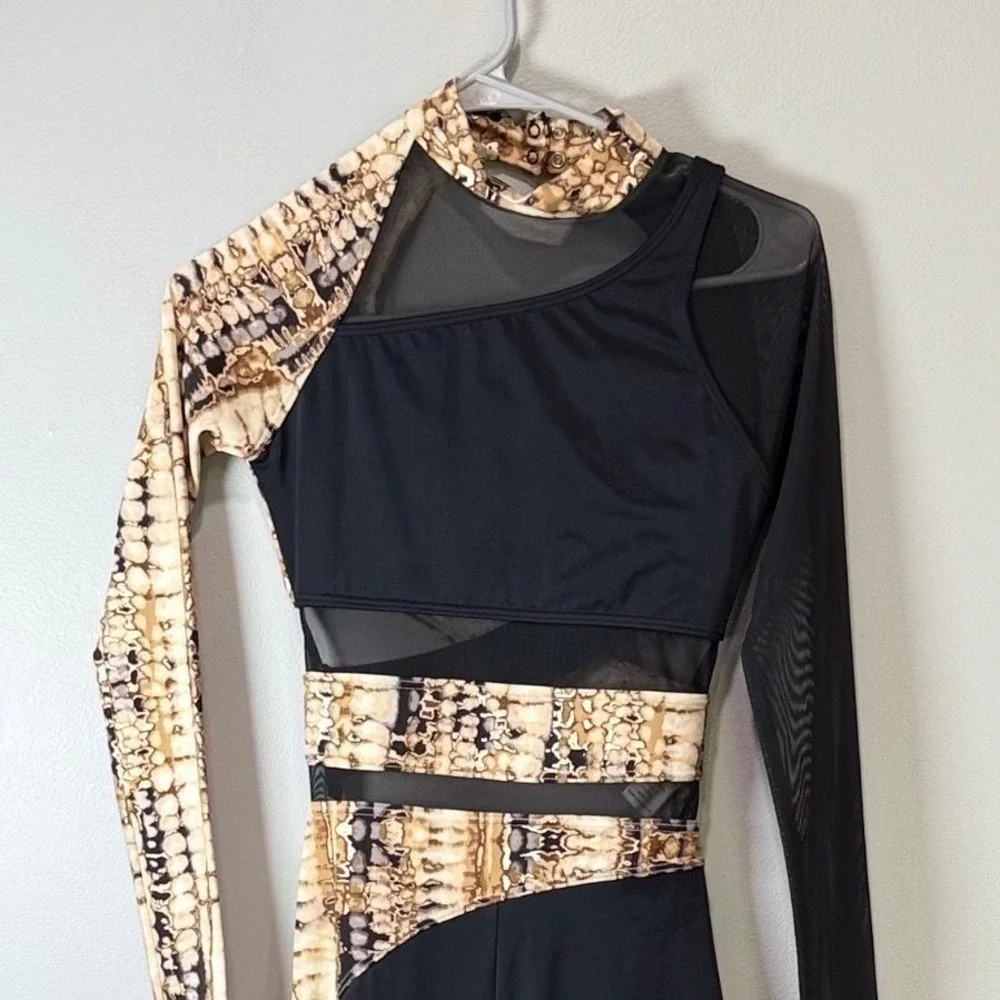 Weissman‎ Asymmetrical Dance Unitard Black Snakeskin Mesh Cutout Small Adult SA